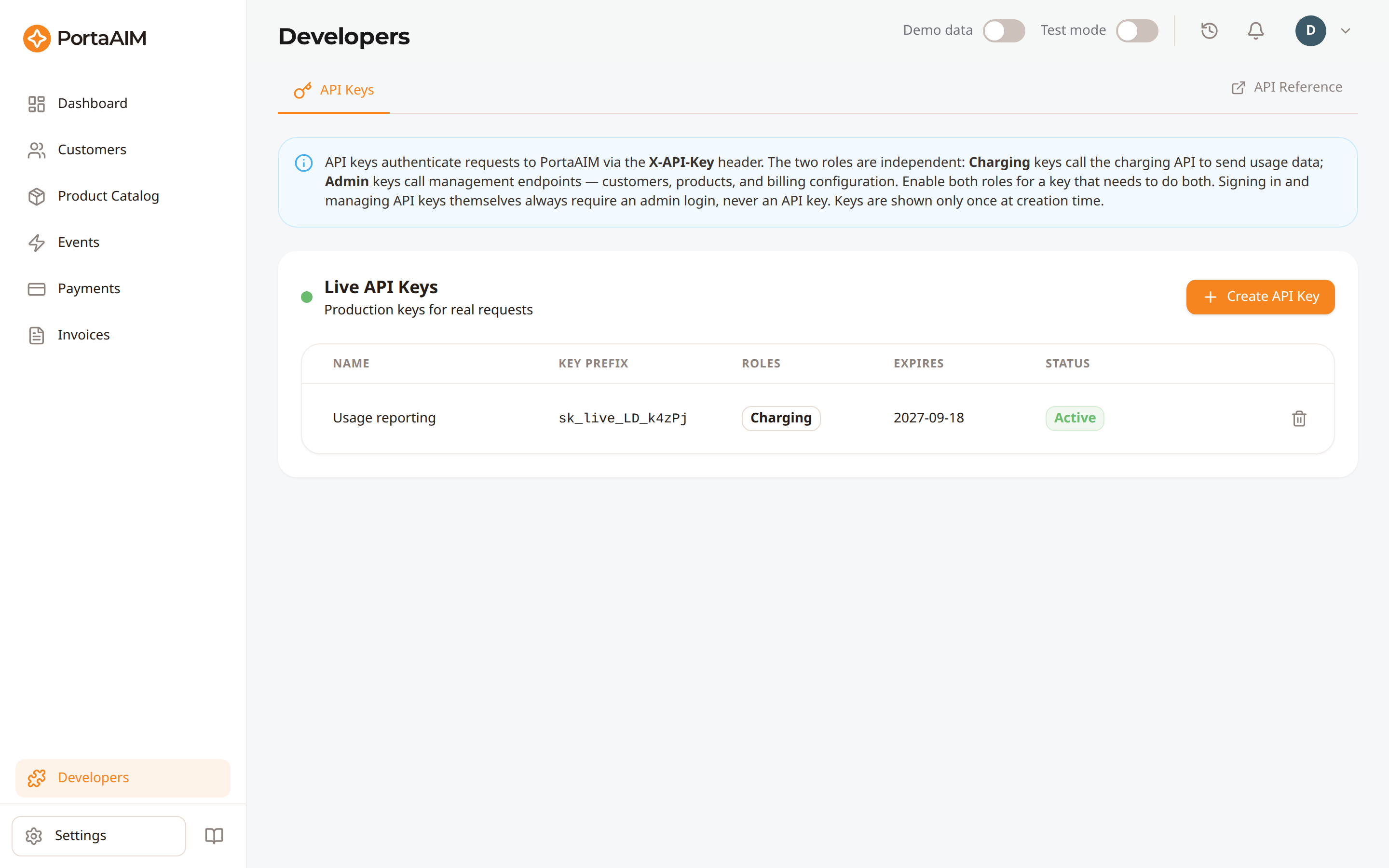 The API Keys page