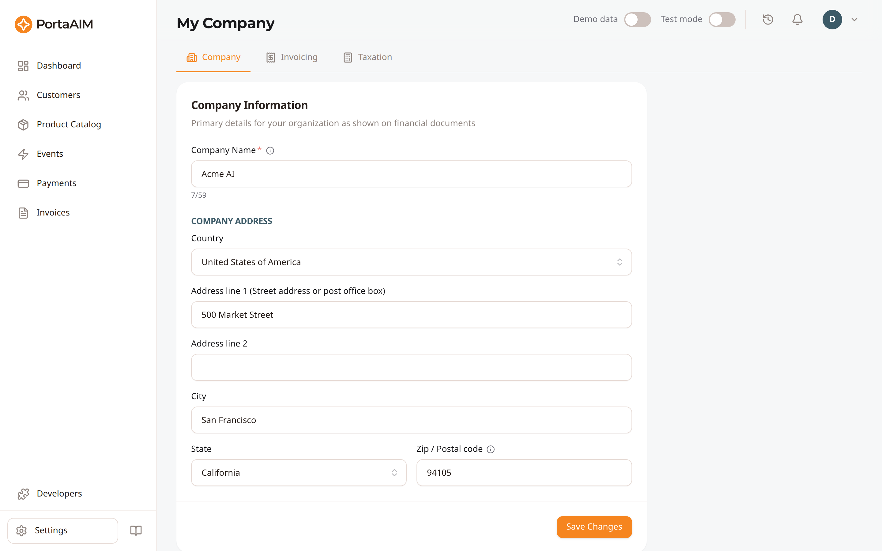 Company Profile settings