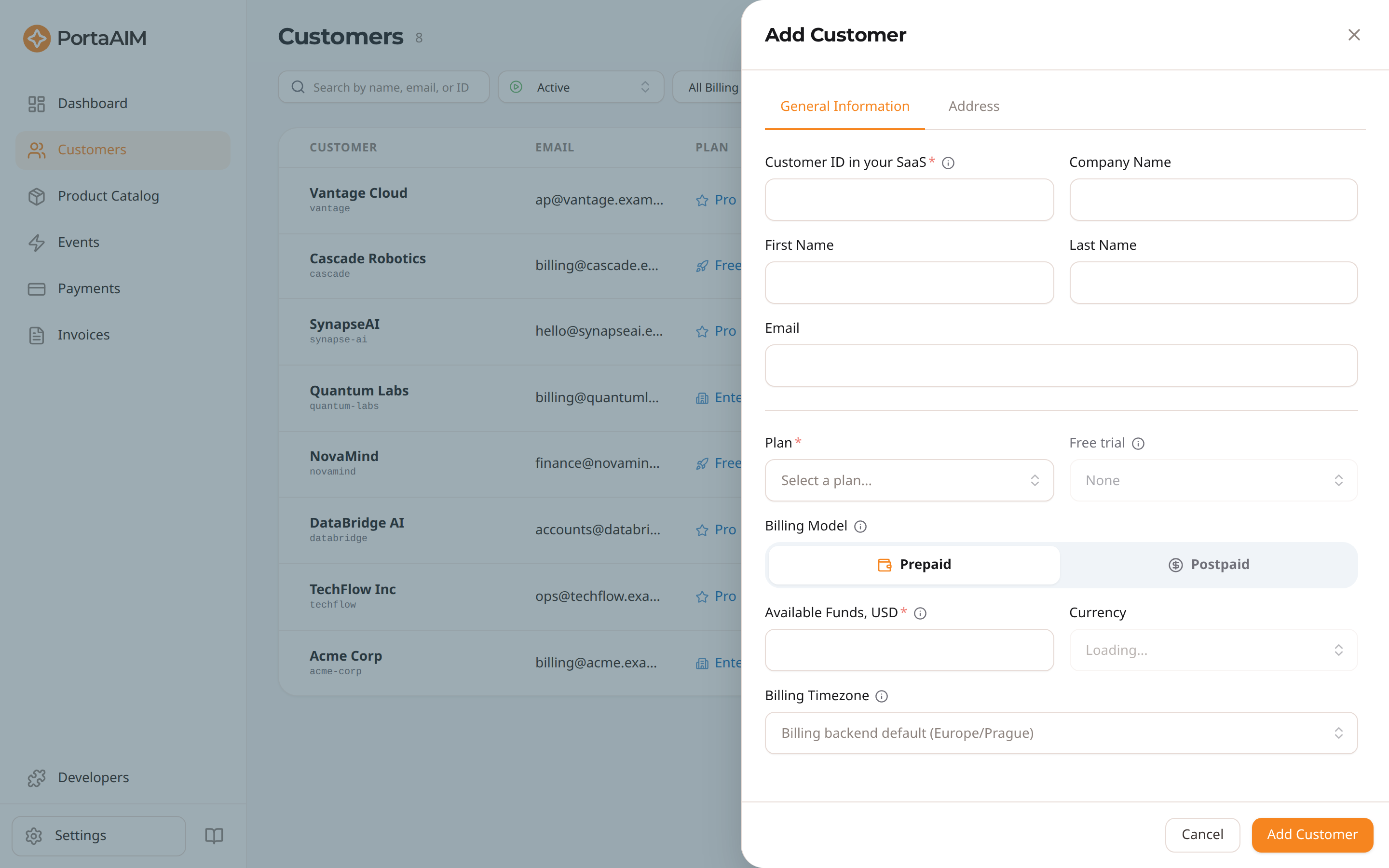 The Add Customer panel