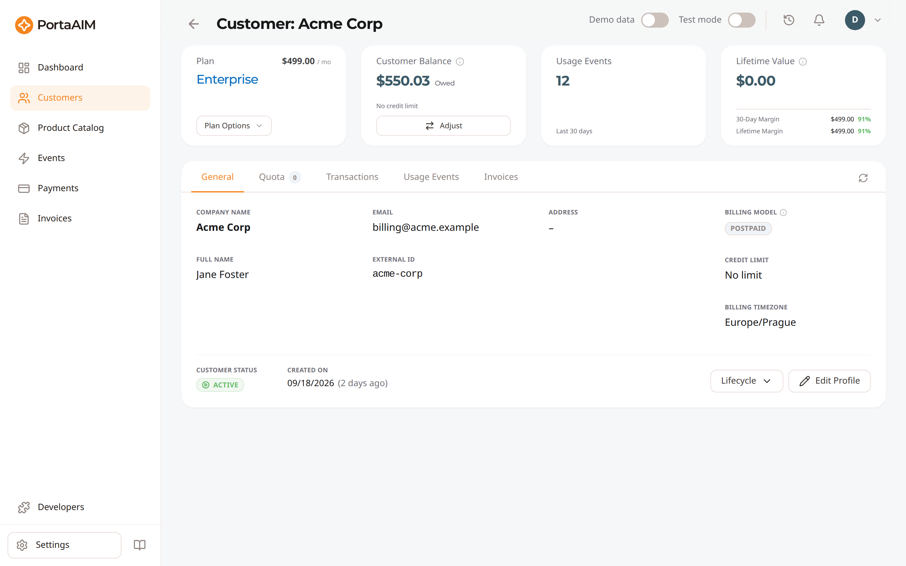 The customer detail page