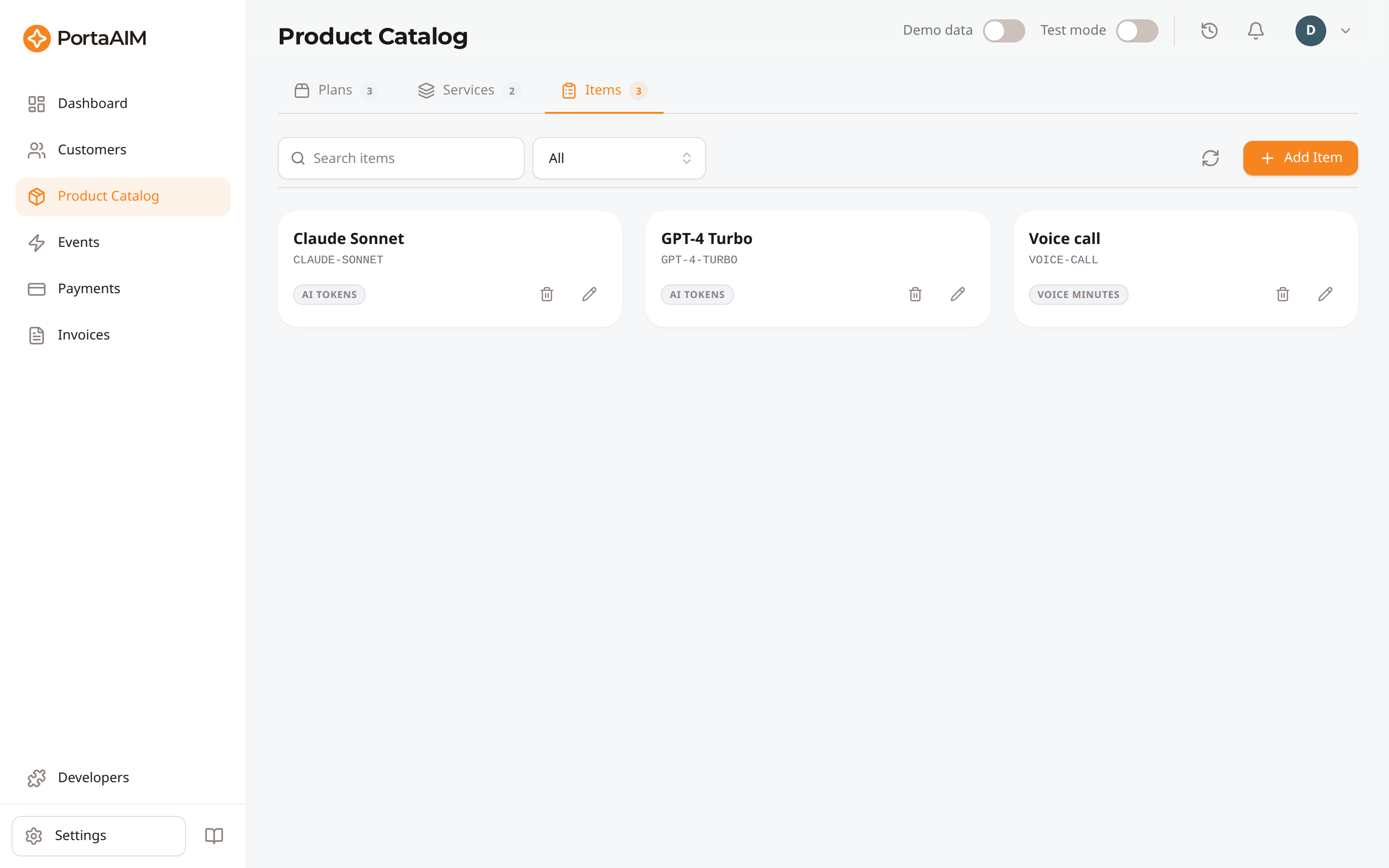 The Items tab of the Product Catalog