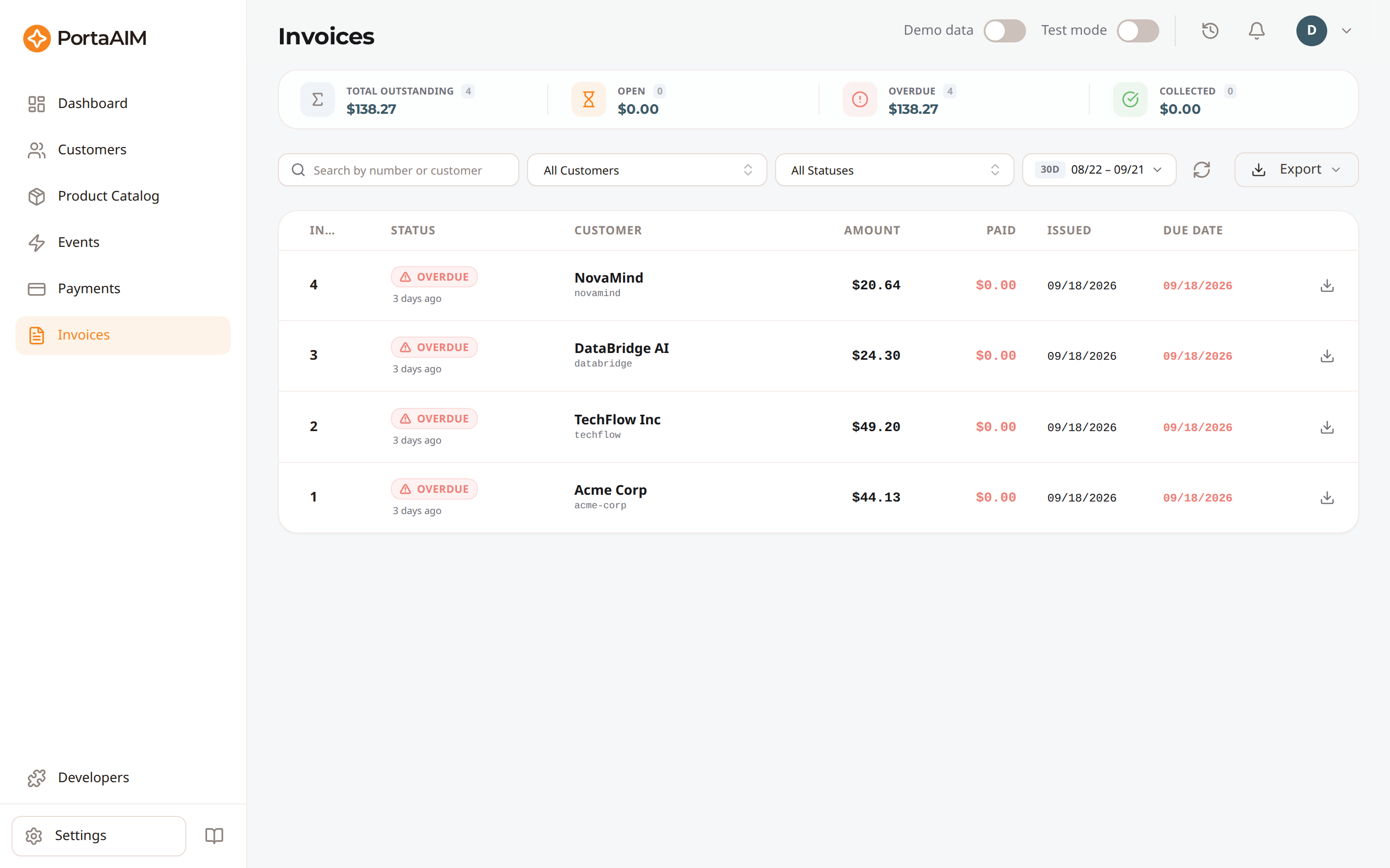 The Invoices page
