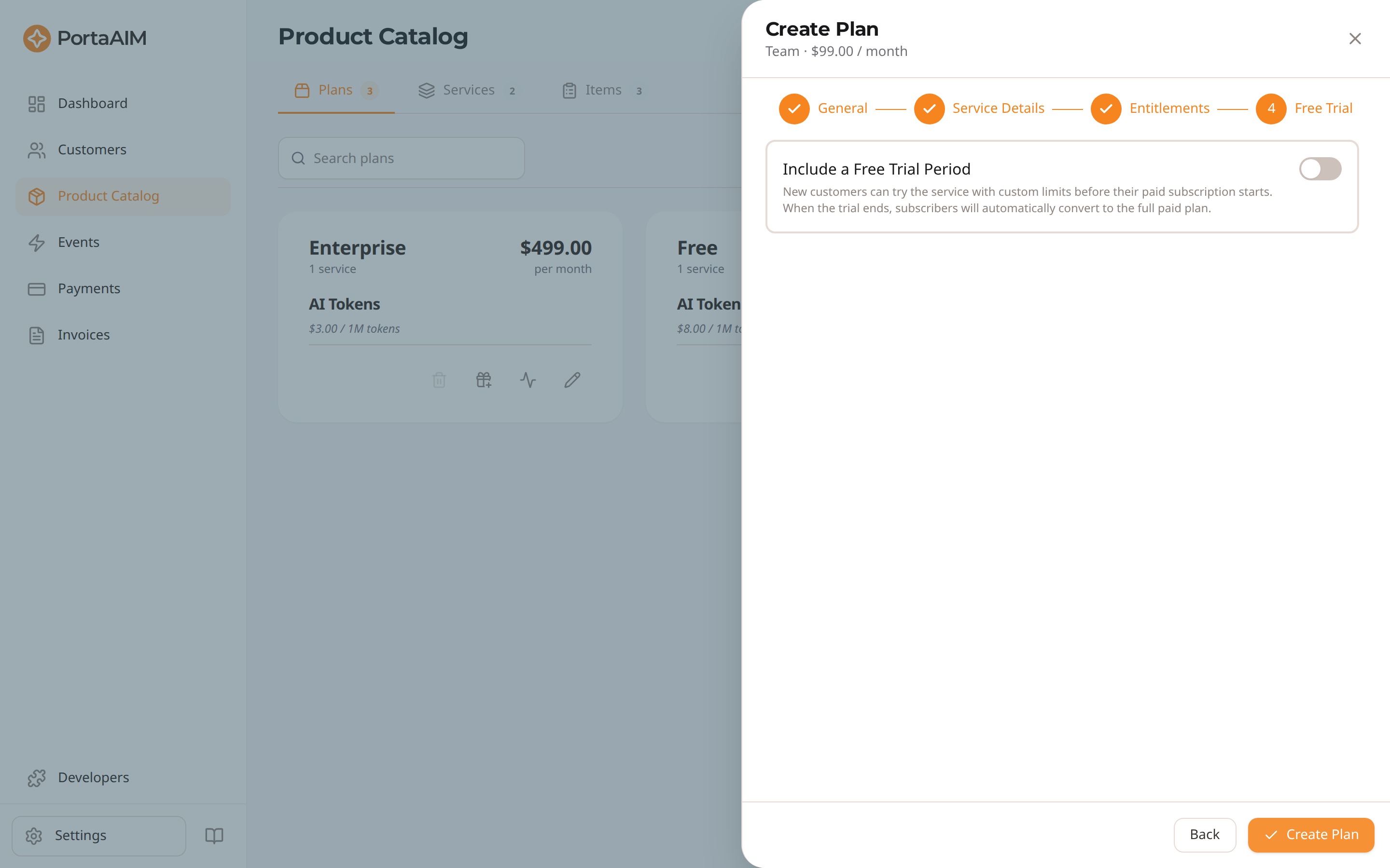 The Free Trial step of the plan editor