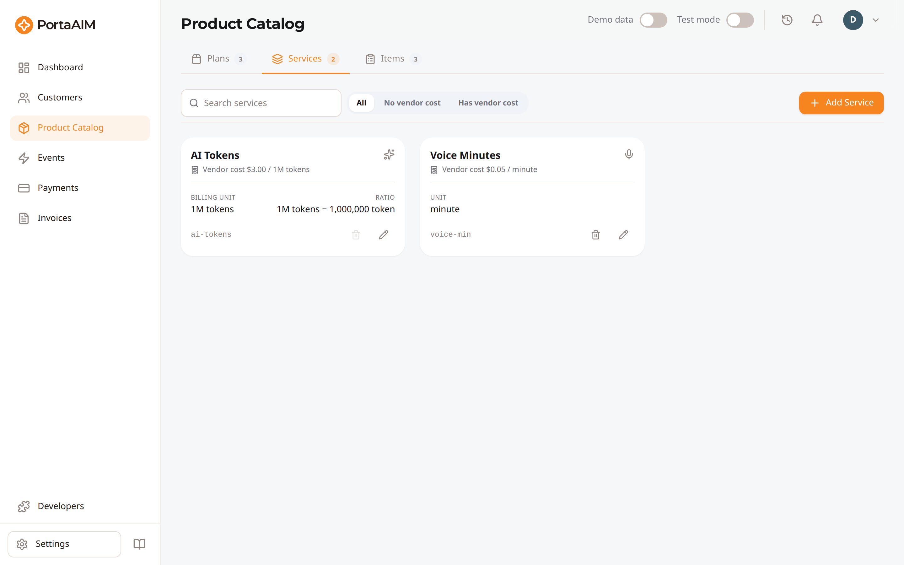 The Services tab of the Product Catalog