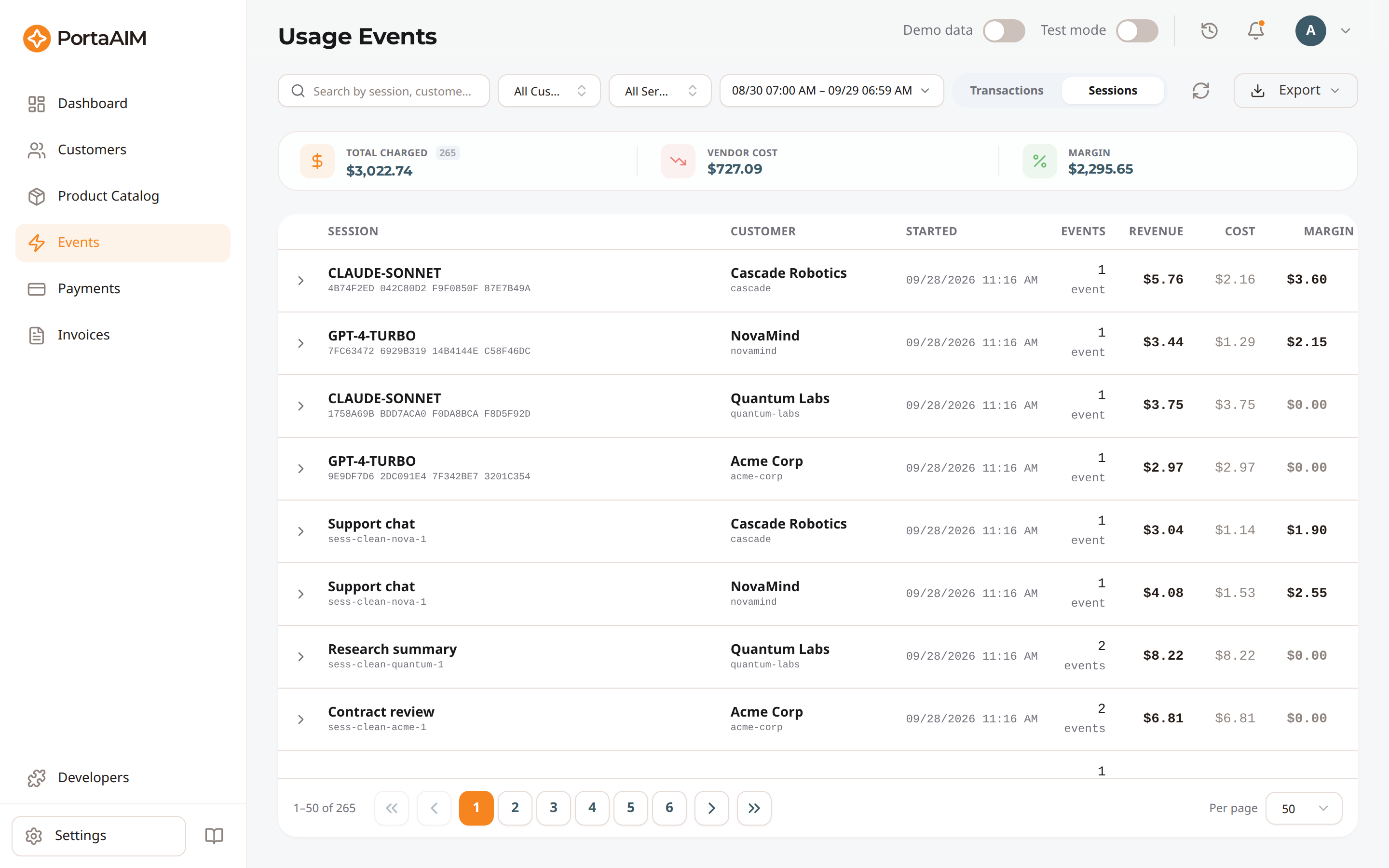 The Events page — Sessions view