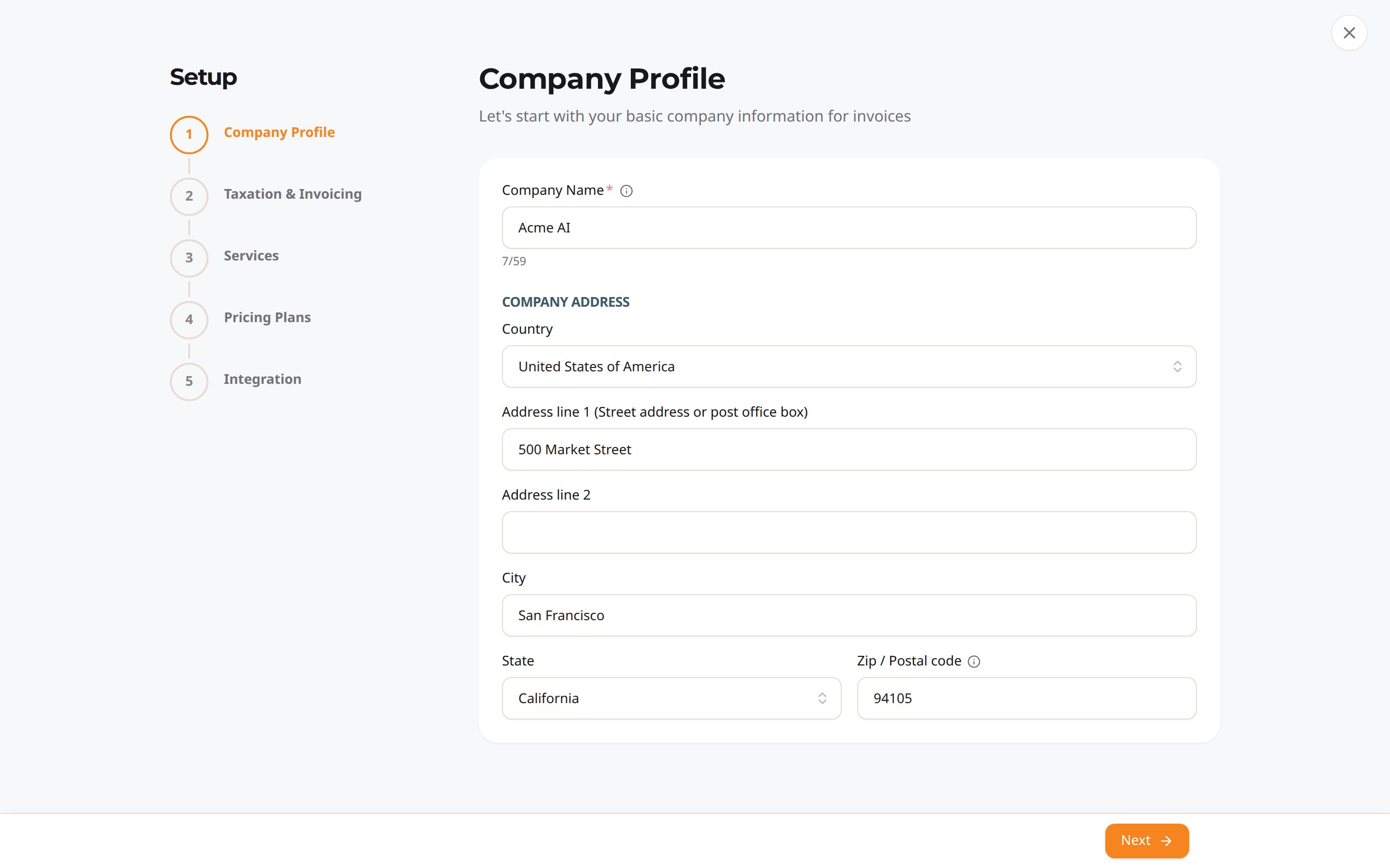 The setup wizard — Company Profile step
